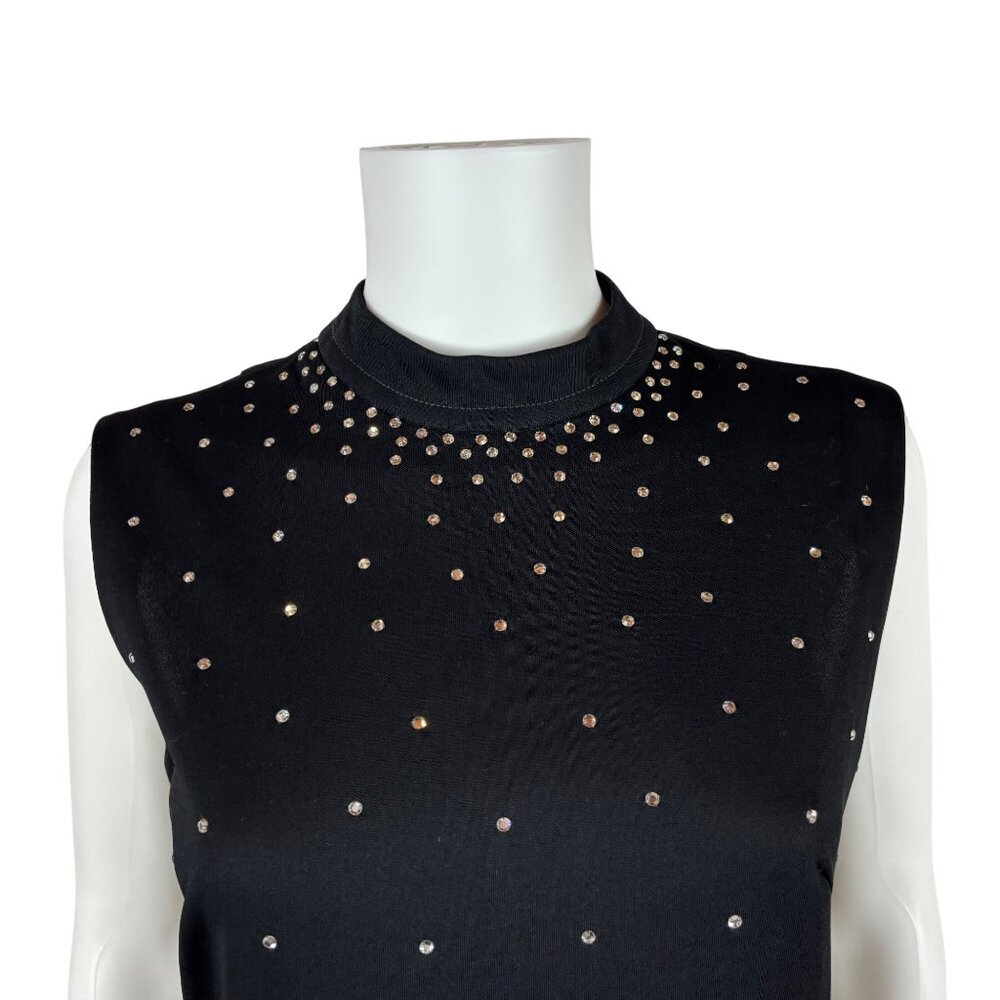 Vintage 70s Cocktail Dress Womens Medium Black Knit Silver Rhinestone Dolly Part - Picture 5 of 11
